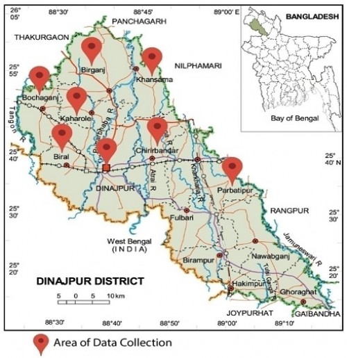 Map of Dinajpur district in Bangladesh showing the study area