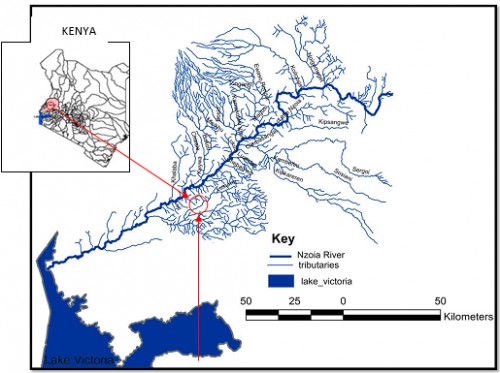 Lower basin of River Nzoia showing position of Sasala Stream (arrow and small circle). (See also figure 1) Source: [21]