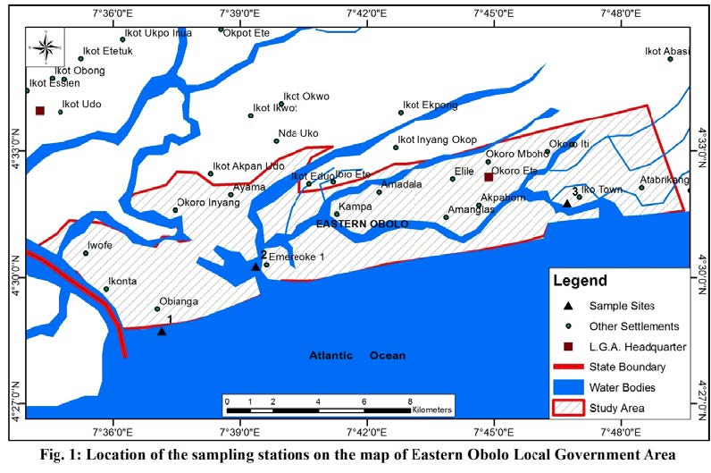 Location of the sampling stations on the map of Eastern Obolo Local Government Area
