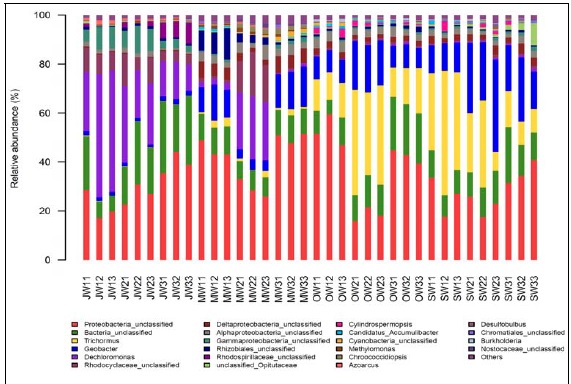 Relative Abundance of genus distribution of Bacteria within the sampled sites of Ponds 1, 2 and 3 in Yi Xing